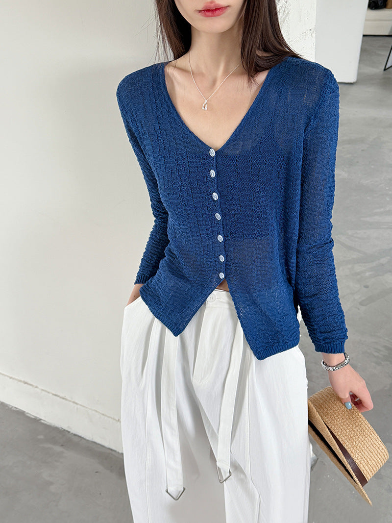 韓系氣質微透外搭寬鬆薄款長袖針織開衫-4色