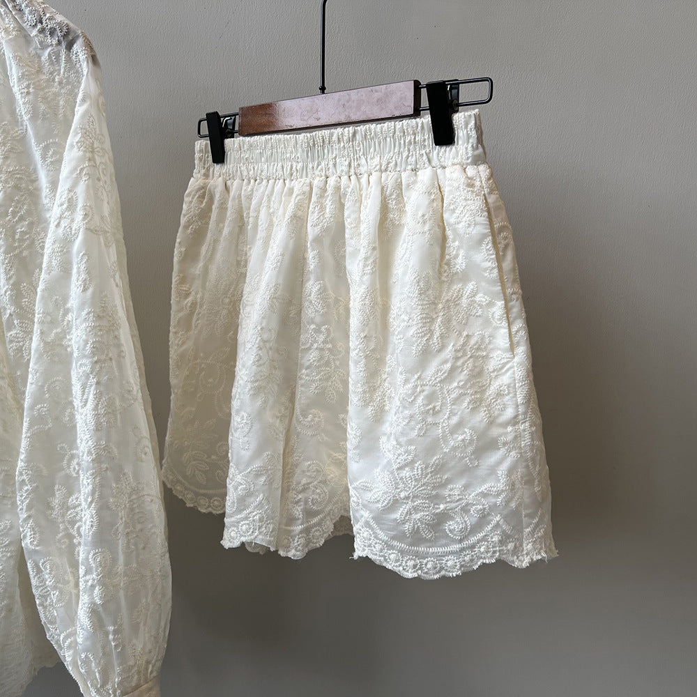 天絲刺繡長袖氣質刺繡上衣+短褲兩件套