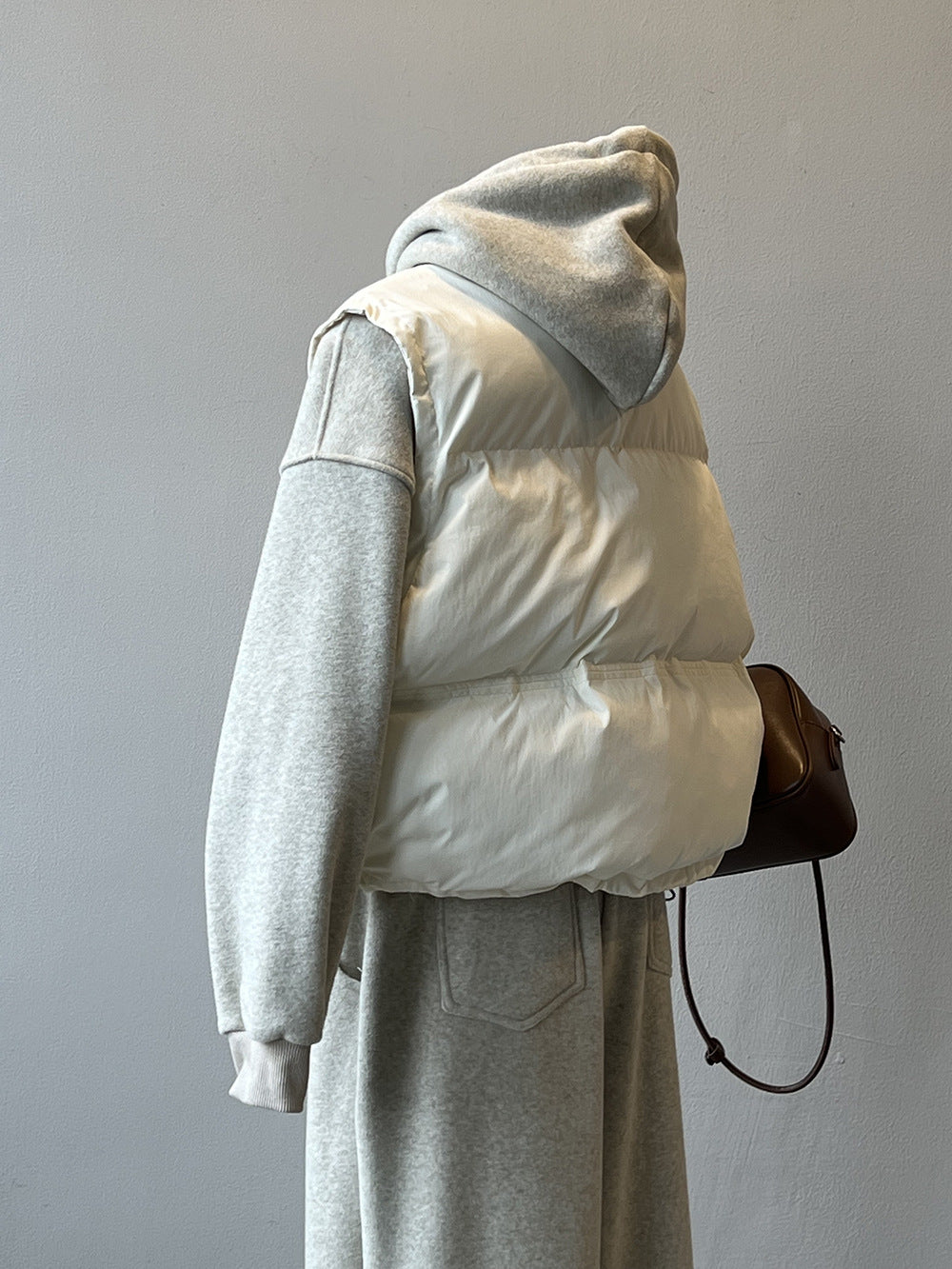 日系圓領短款寬鬆羽絨馬甲背心-2色