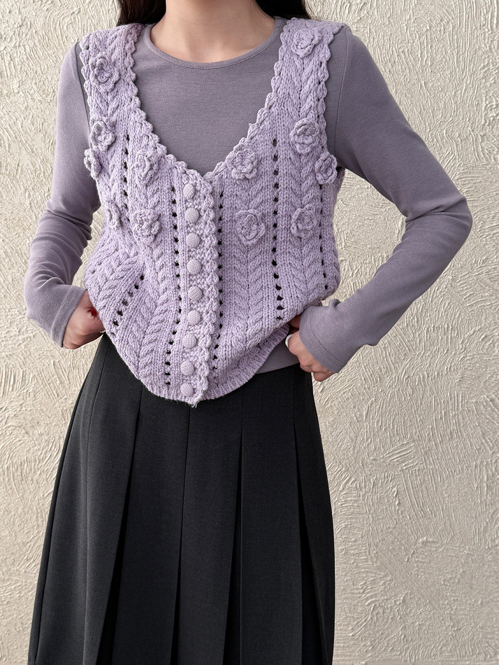 溫柔立體鉤花羊毛鏤空針織衫馬甲背心-2色