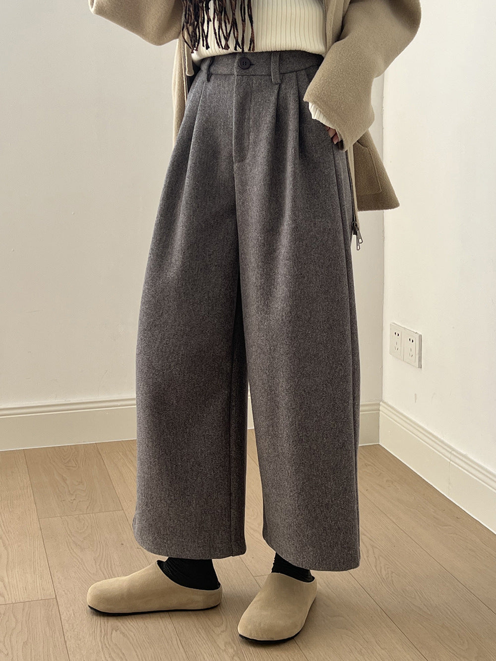 (48H出貨)毛呢高腰毛呢寬鬆直筒九分褲-2色