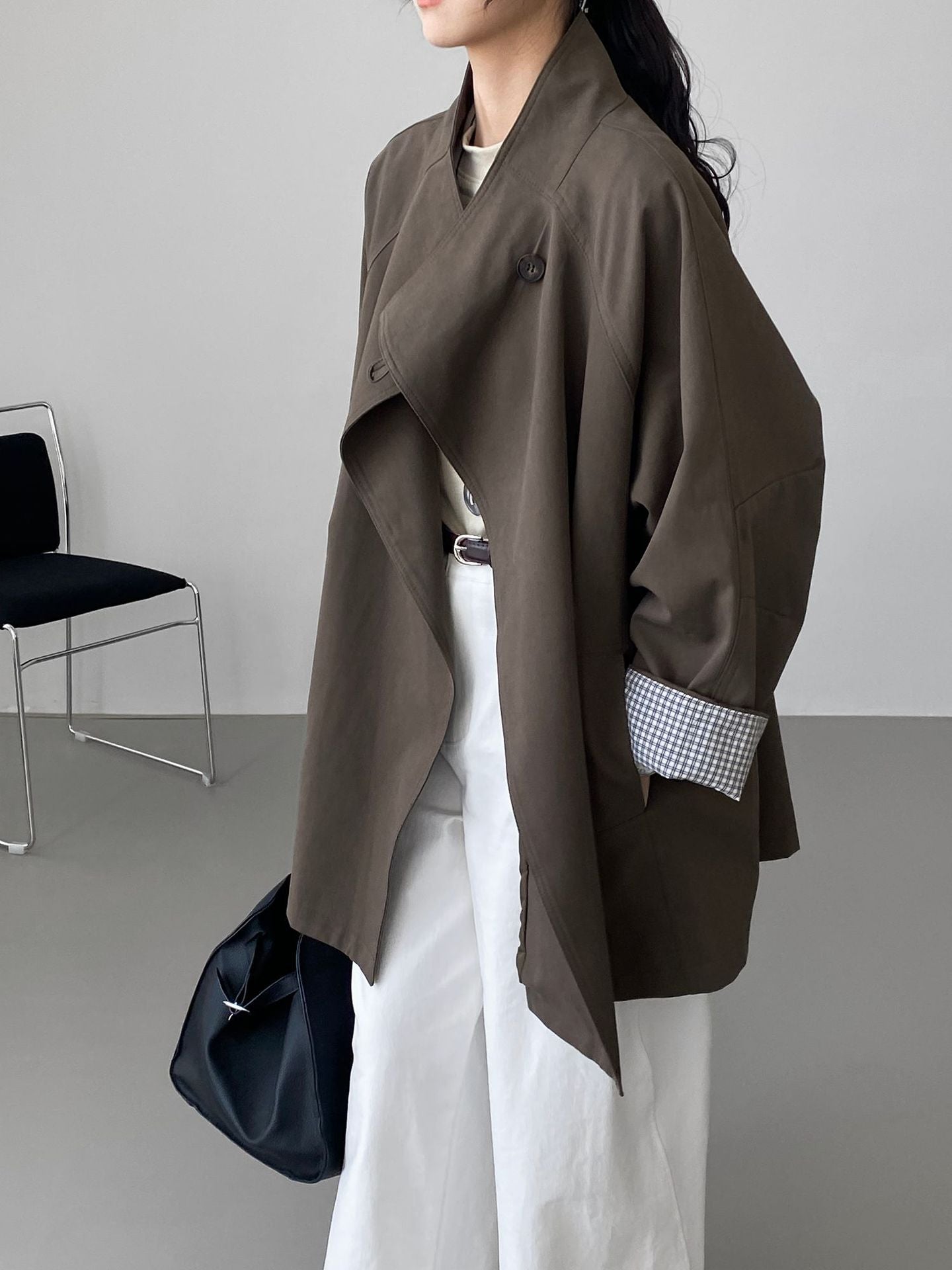 韓系復古英倫風立領寬鬆顯瘦收腰風衣外套-3色