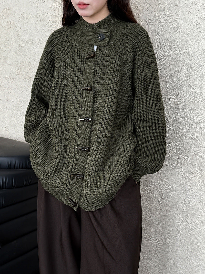 法式復古粗針織慵懶風牛角扣毛衣外套開衫-3色