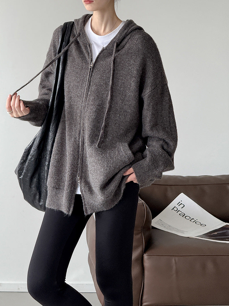韓版連帽寬鬆綿羊絨針織毛衣外套-3色