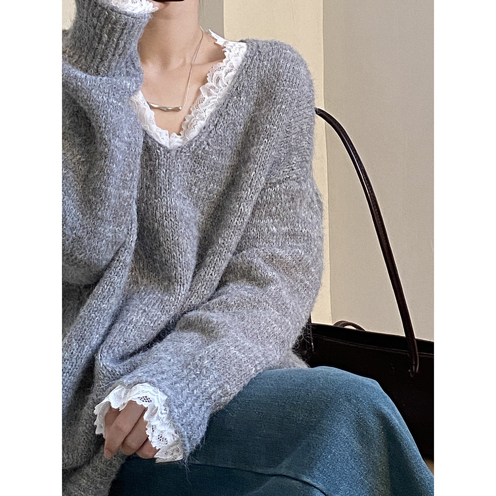 絕美蕾絲花邊寬鬆保暖軟糯毛衣-3色
