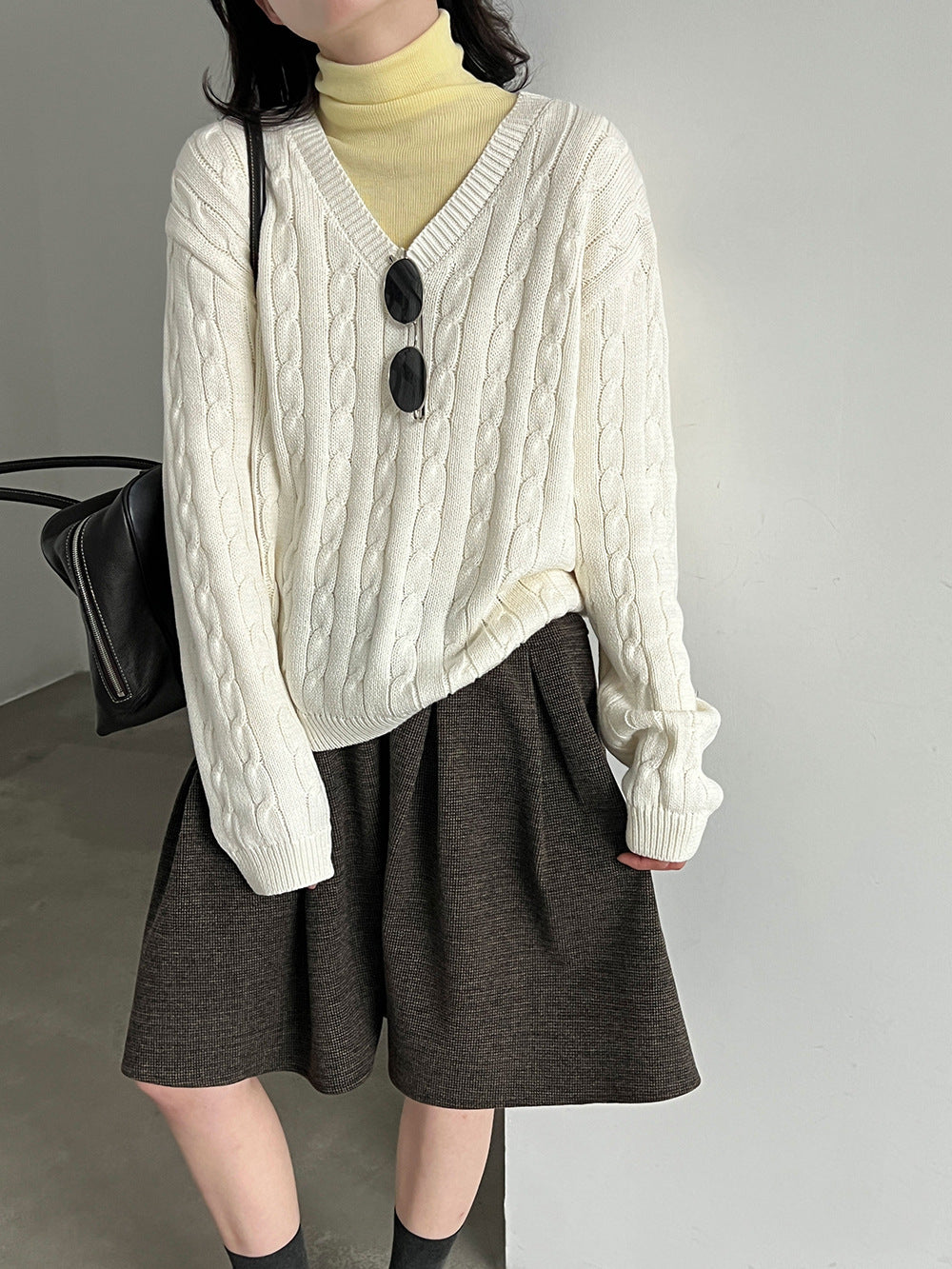 高知感MIU系V領麻花疊穿針織毛衣-3色