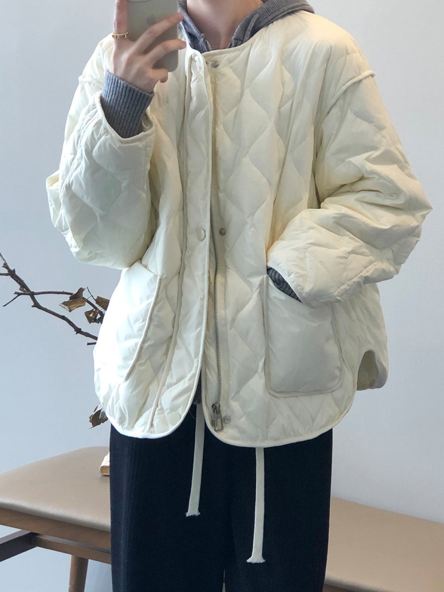 白鴨絨無領羽絨輕薄菱格保暖外套-3色 - Moon Peach