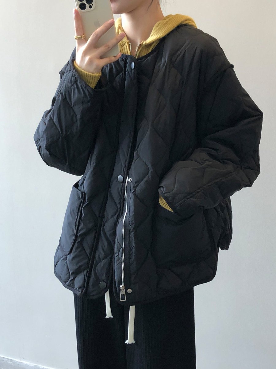 白鴨絨無領羽絨輕薄菱格保暖外套-3色 - Moon Peach