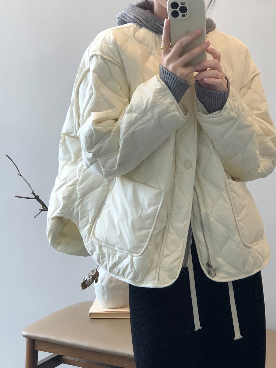 白鴨絨無領羽絨輕薄菱格保暖外套-3色 - Moon Peach