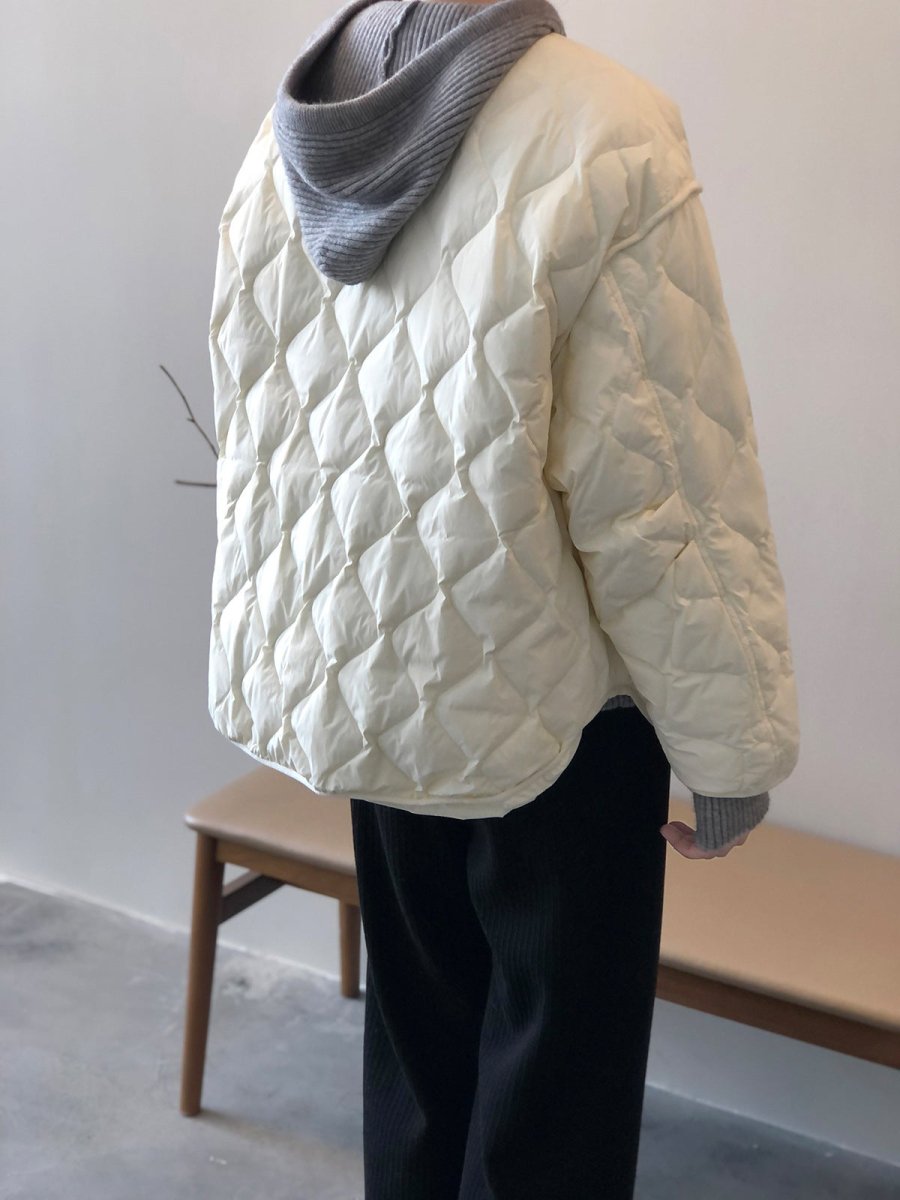 白鴨絨無領羽絨輕薄菱格保暖外套-3色 - Moon Peach