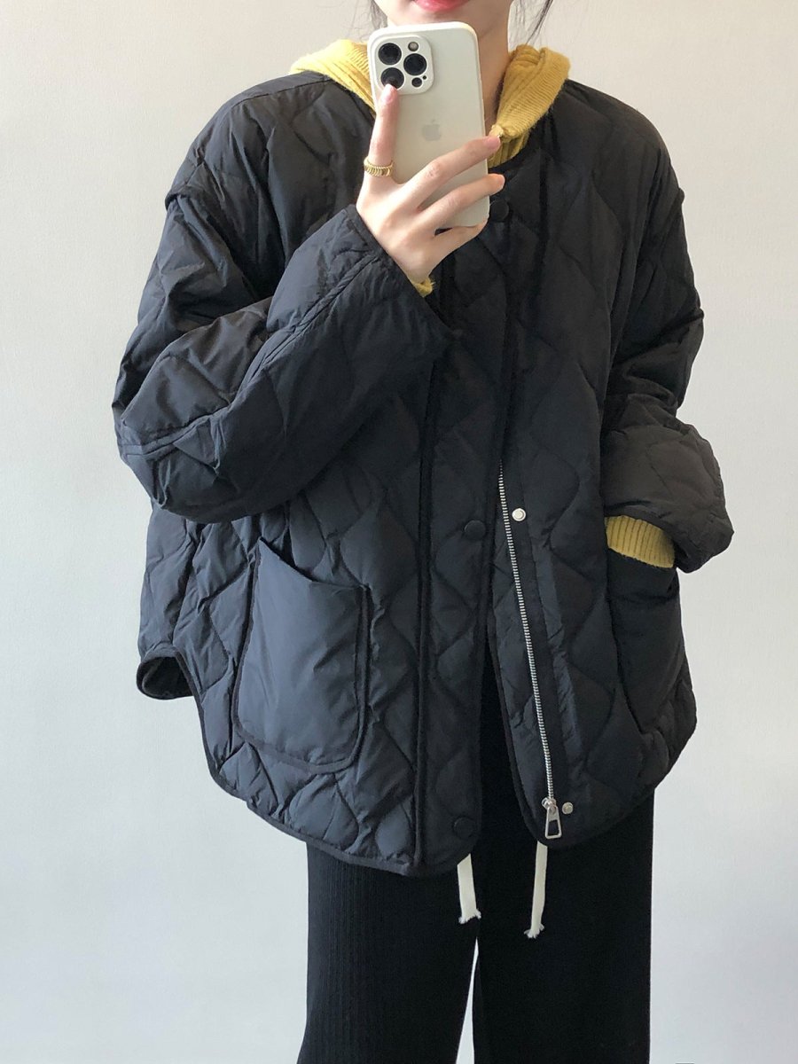 白鴨絨無領羽絨輕薄菱格保暖外套-3色 - Moon Peach