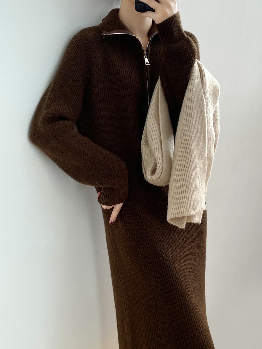 秋冬毛糯感拉鍊針織洋裝-4色 - Moon Peach