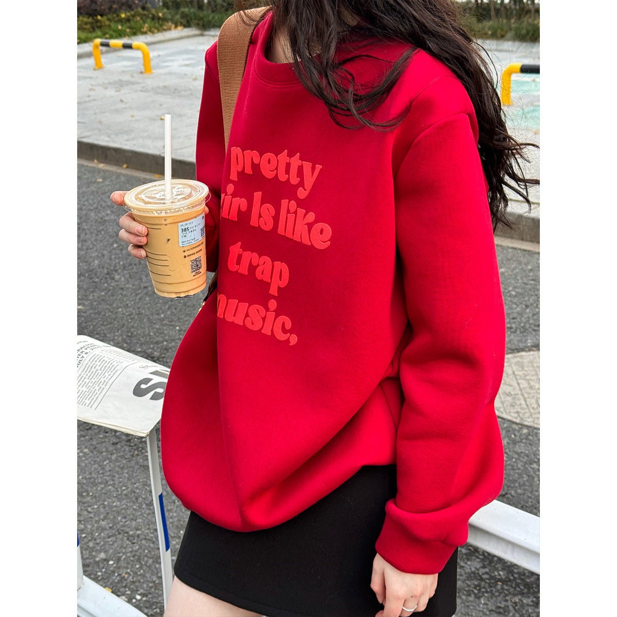 加絨加厚慵懶字母印花圓領T-3色 - Moon Peach