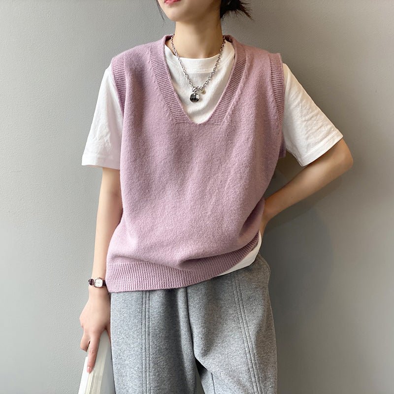 學院風V領寬鬆無袖針織背心-9色 - Moon Peach