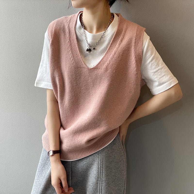 學院風V領寬鬆無袖針織背心-9色 - Moon Peach