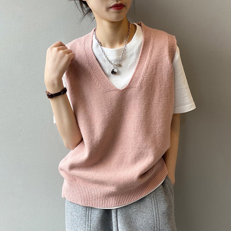 學院風V領寬鬆無袖針織背心-9色 - Moon Peach