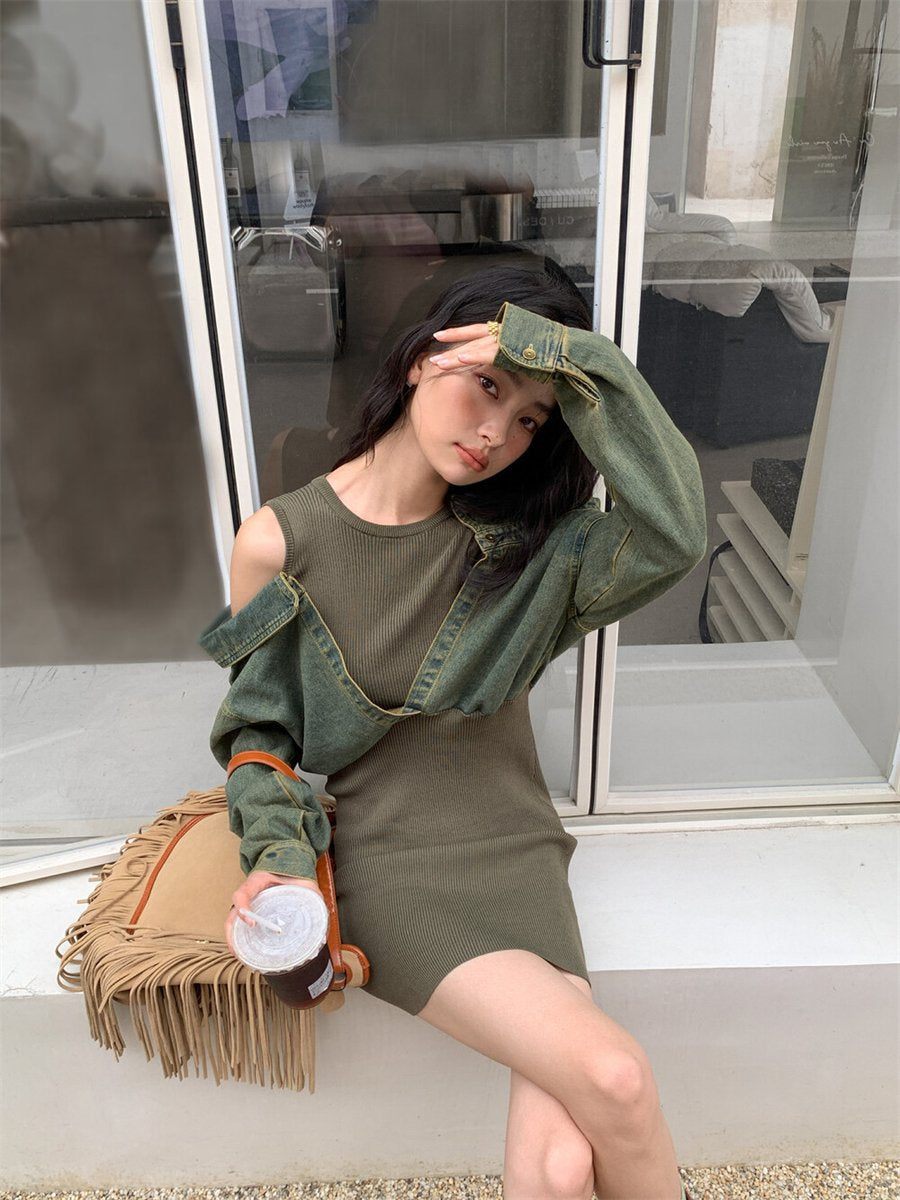 (48H出貨)韓系復古性感牛仔拼接連身裙-2色
