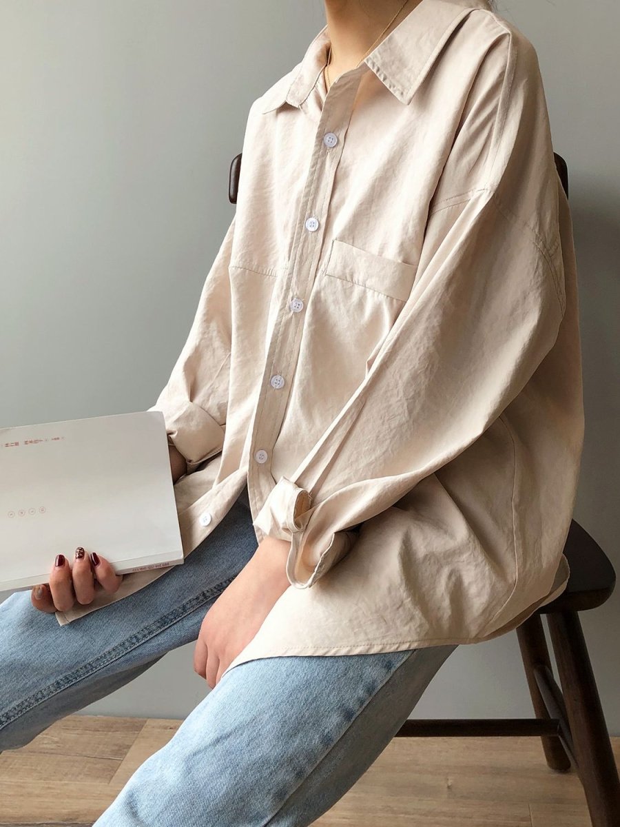 秋冬棉感仿麂皮廓形長袖復古襯衣-3色 - Moon Peach
