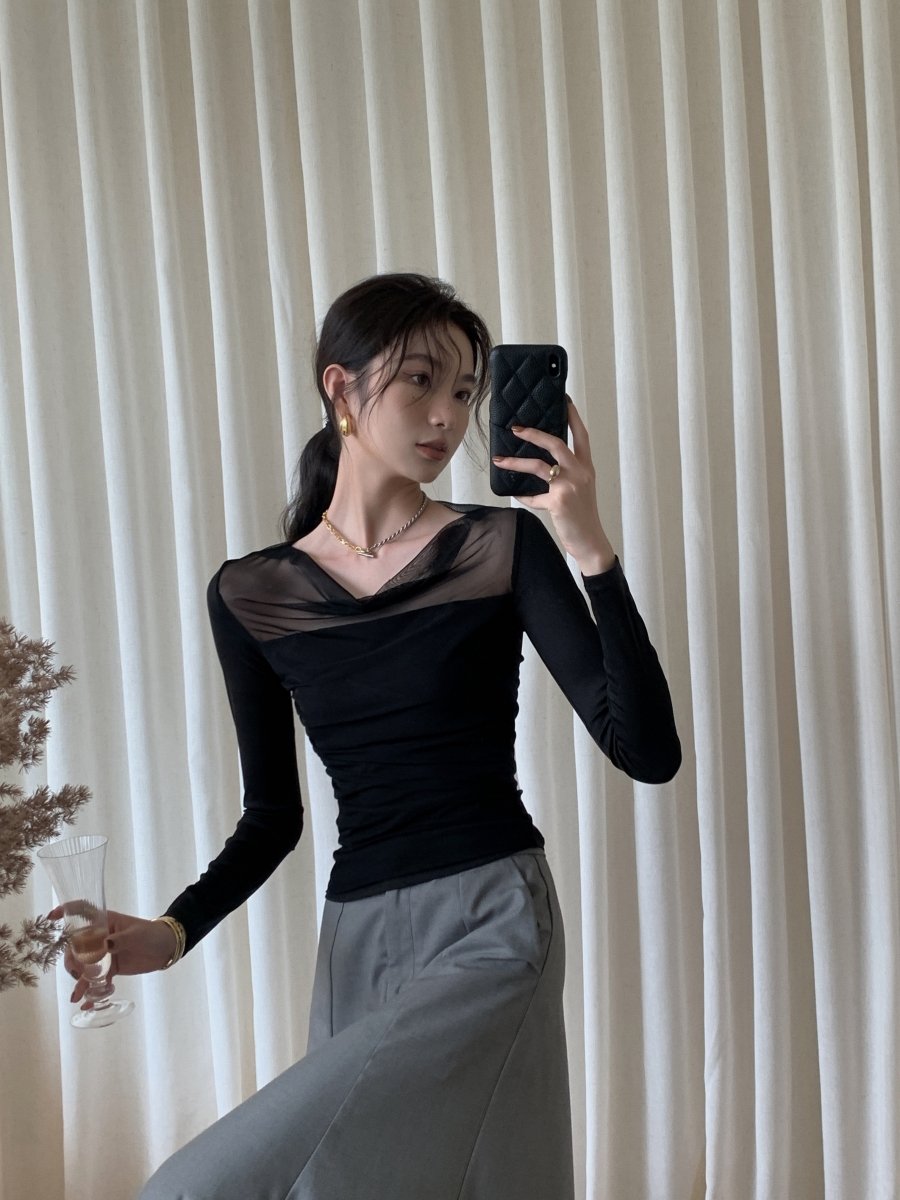 (48H出貨)透膚微彈薄紗性感親膚上衣-2色