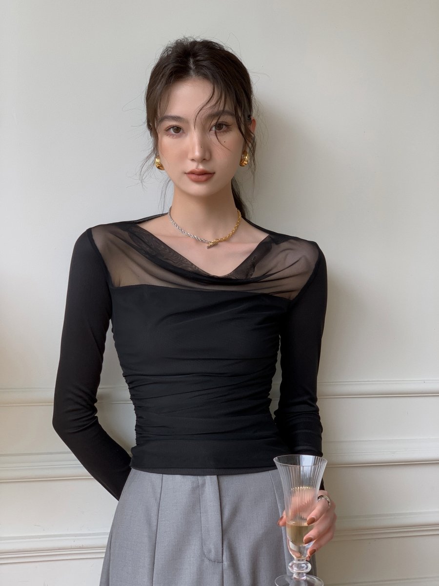 (48H出貨)透膚微彈薄紗性感親膚上衣-2色