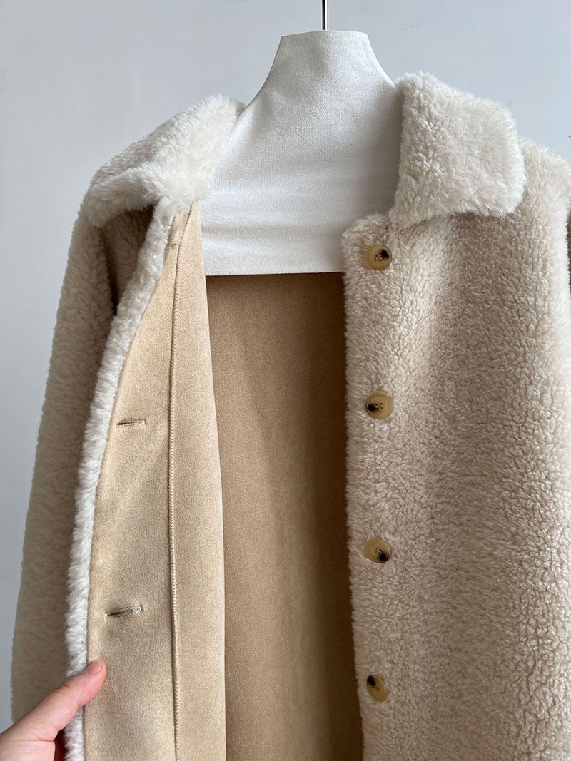 韓版翻領配手套羊羔毛大衣外套