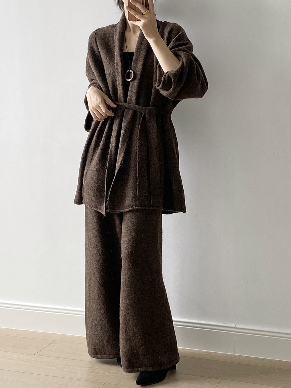 高級慵懶風繫帶針織開衫+高腰闊腿褲-兩件式套裝-3色