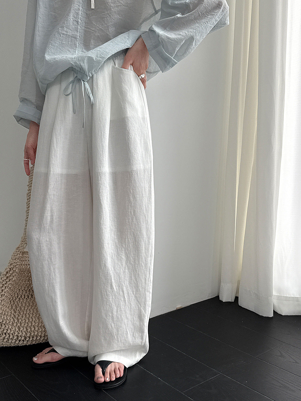 韓系亞麻垂墜感鬆緊腰闊腿褲-3色