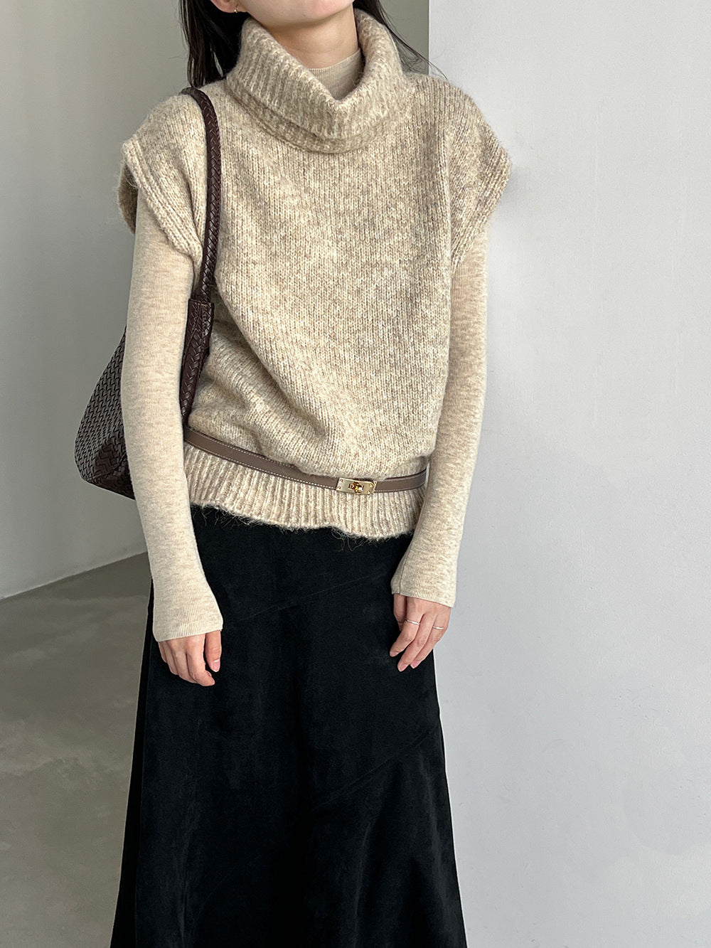 慵懶風羊毛捲邊領鬆弛感無袖針織馬甲-3色