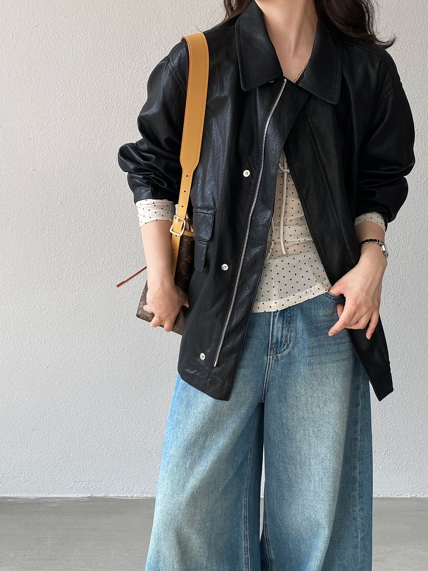 復古蛋白皮設計感短款PU皮衣夾克外套-2色