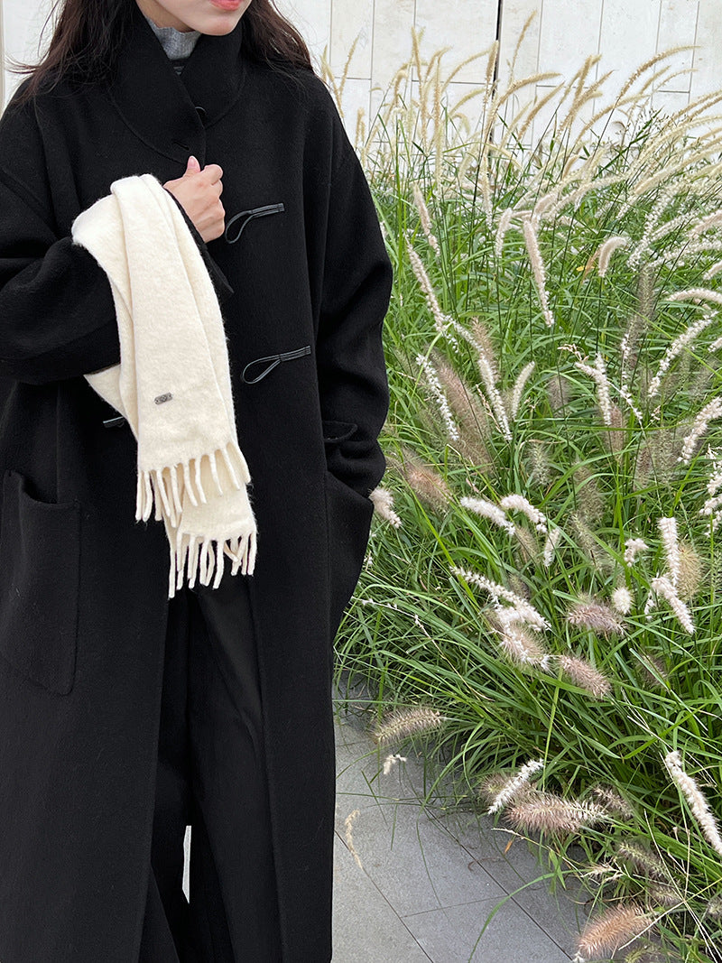 復古立領牛角扣羊毛雙面毛呢大衣外套