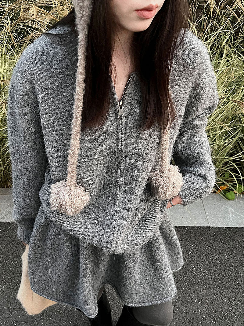 韓系軟糯休閒針織毛衣+卷邊A字短裙-兩件式套裝-3色