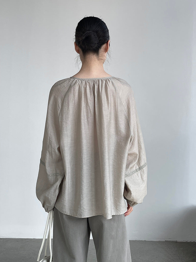 法式刺繡拼接燈籠袖圓領娃娃衫襯衫-2色