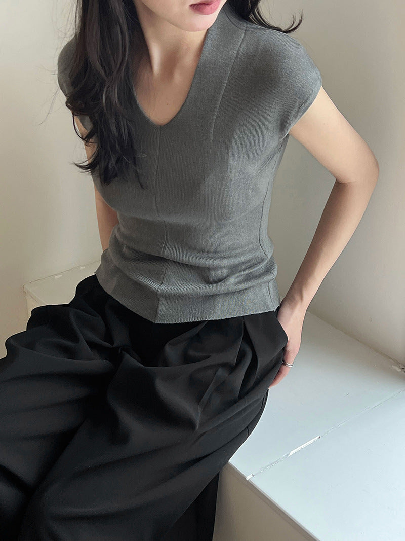 (48H出貨)螺紋V領小飛袖針織打底衫-6色