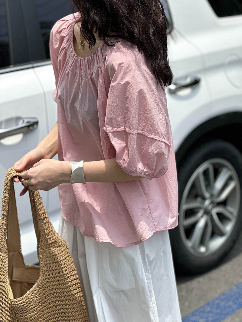 高級感寬邊圓領泡泡袖襯衫-3色