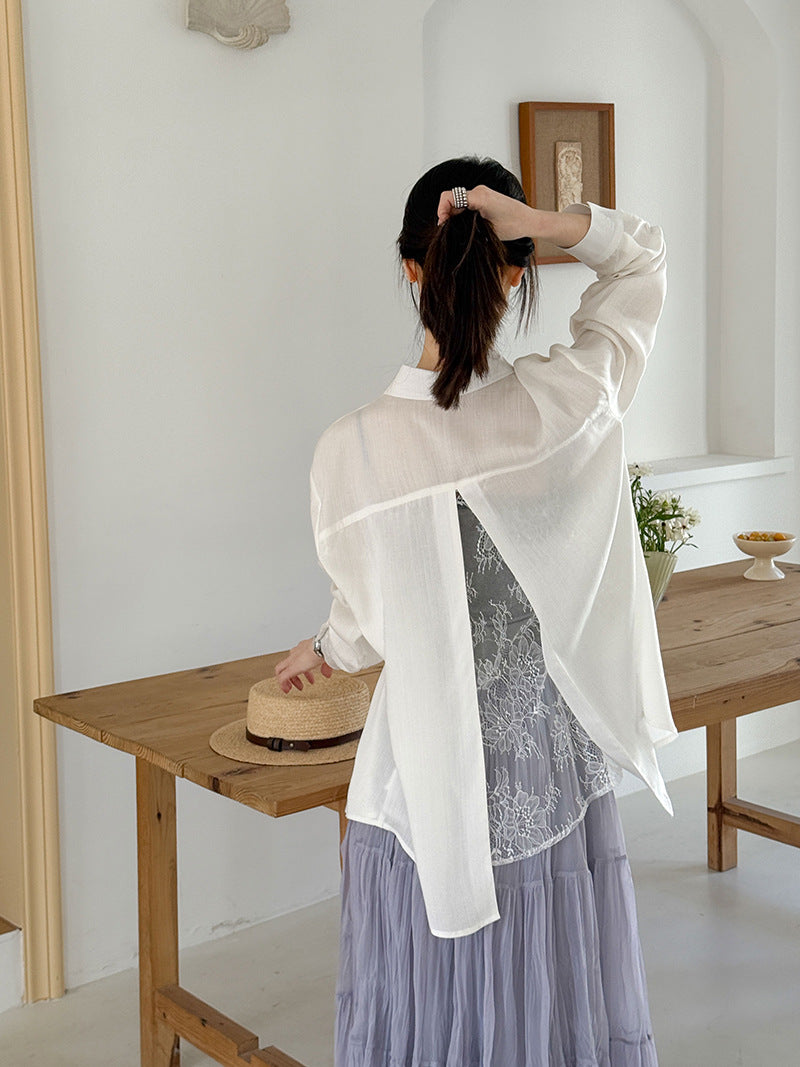 韓系天絲純欲感背後蕾絲純色襯衫外套-2色