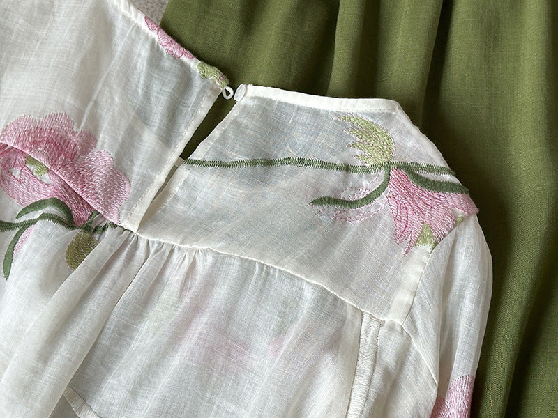 韓系度假風刺繡苧麻圓領寬鬆上衣