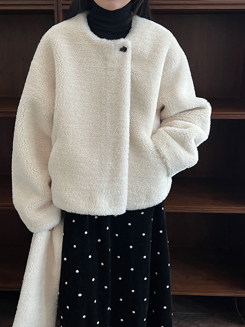 保暖毛絨皮草羊羔毛外套+圍巾-2色