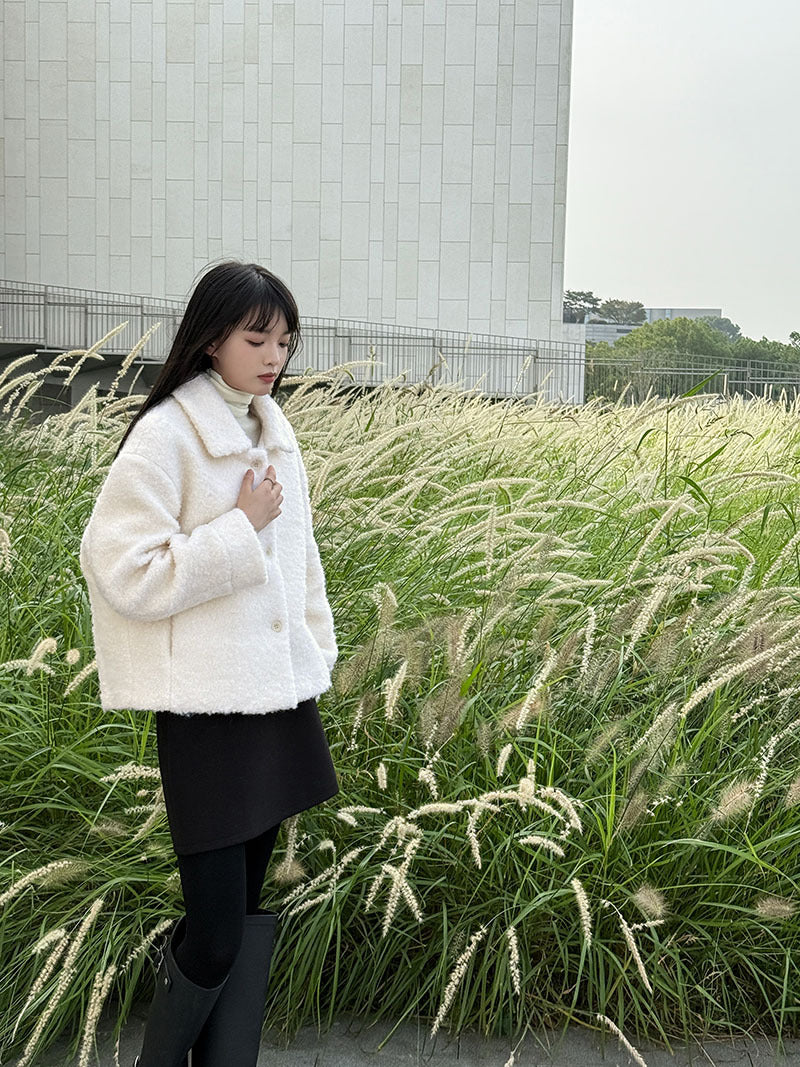韓版單排扣短款羊羔毛翻領外套-2色