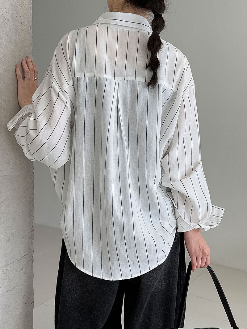 質感老錢風休閒條紋亞麻長袖襯衫外套-2色