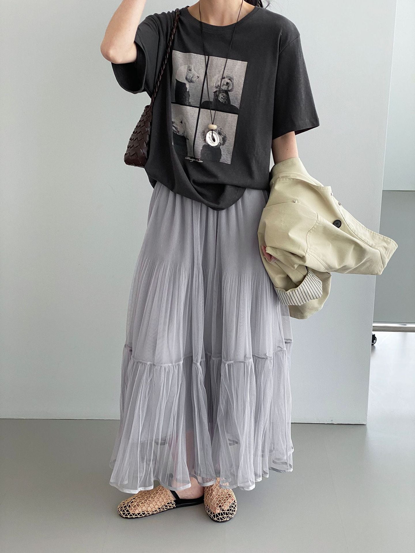 韓系溫柔飄逸網紗拼接百搭浪漫半身裙-3色