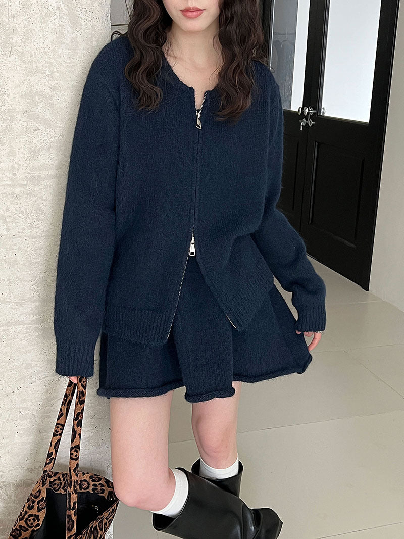 韓系軟糯休閒針織毛衣+卷邊A字短裙-兩件式套裝-3色