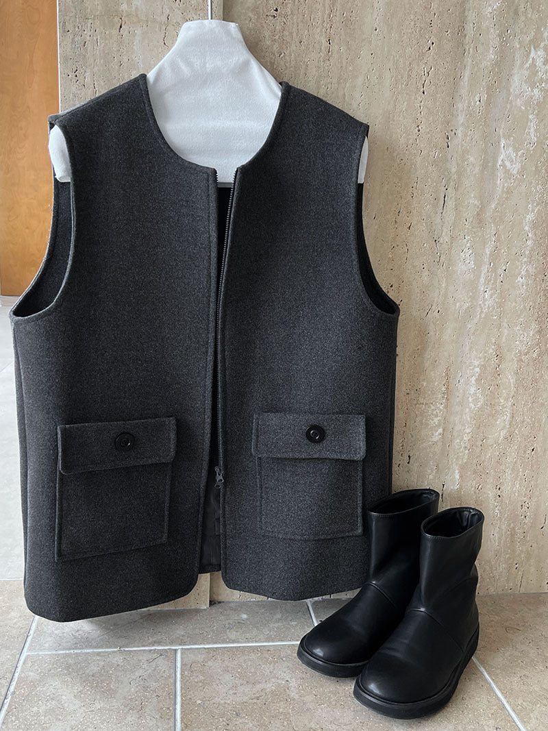 高級感寬鬆毛呢疊穿氣質圓領馬甲