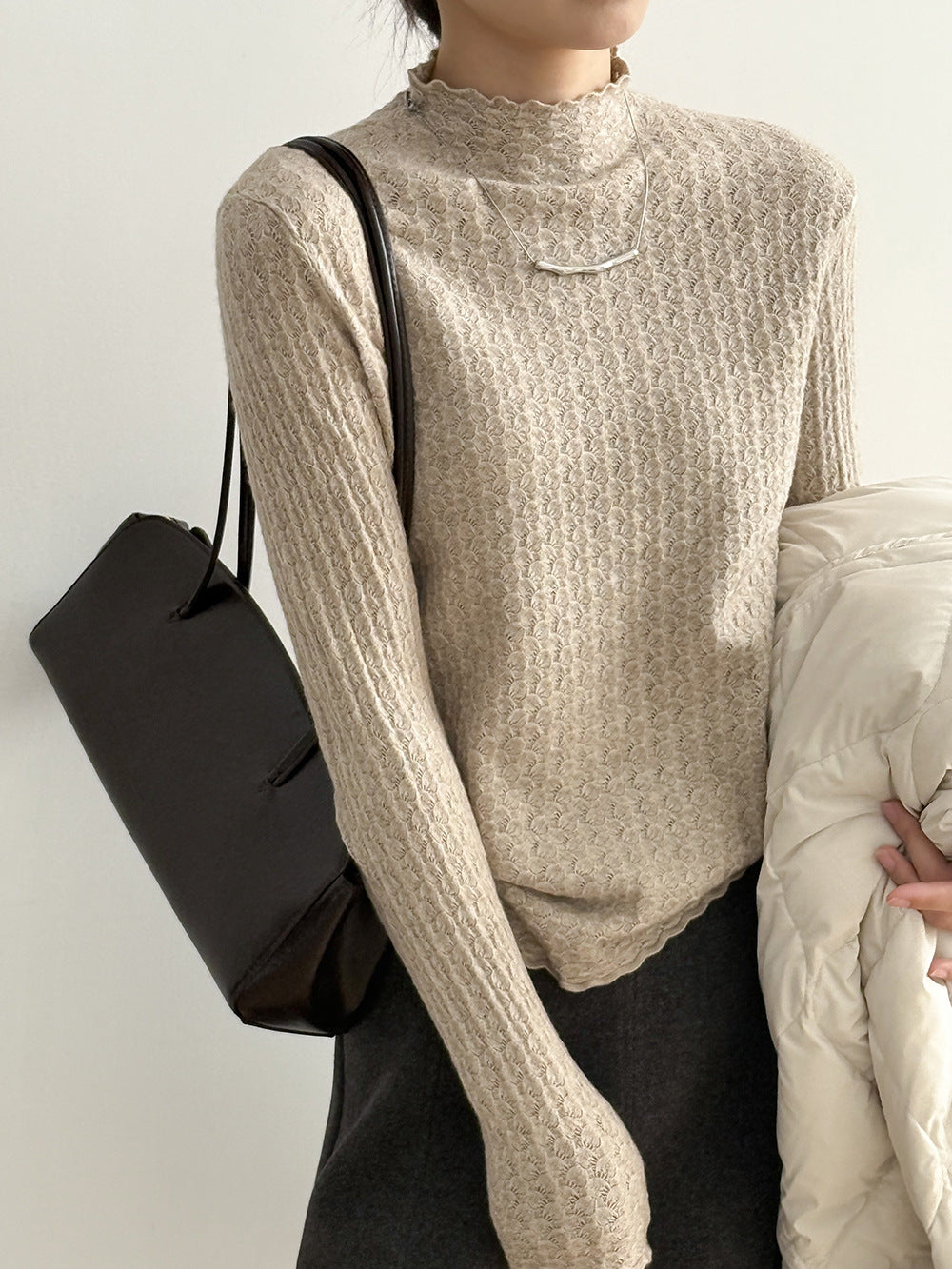 (48H出貨)純色軟糯百搭半高領鏤空蕾絲針織衫-5色