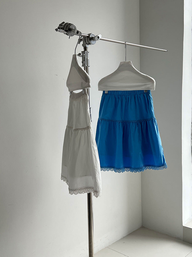 韓系溫柔百搭高腰A字顯瘦蕾絲拼接半身裙-2色