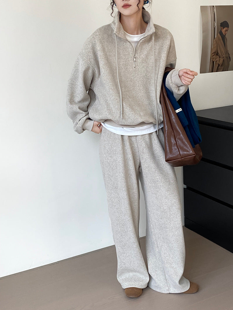 鬆弛感立領薄絨上衣+鬆緊腰闊腿褲-兩件式套裝-2色