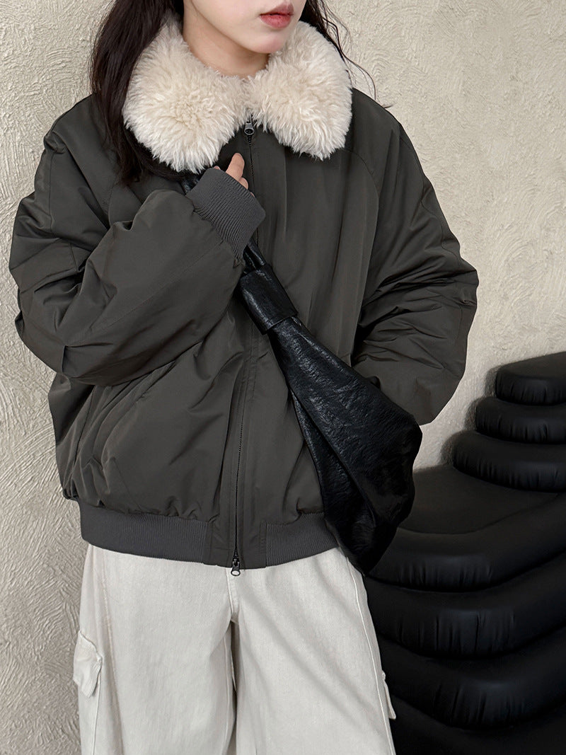 韓系保暖毛毛領夾棉夾克外套-2色