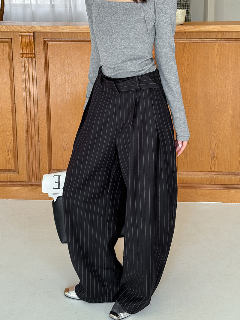 老錢風條紋壓褶垂感高腰西裝褲