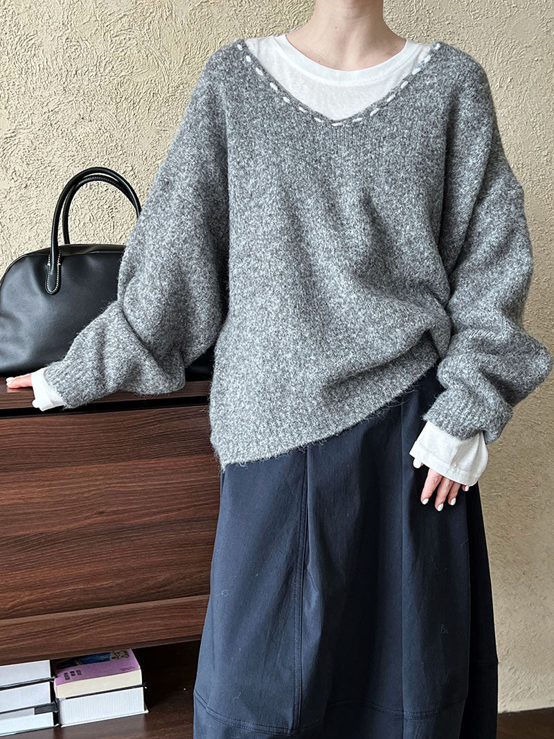 韓版慵懶風V領寬鬆明線針織衫-4色