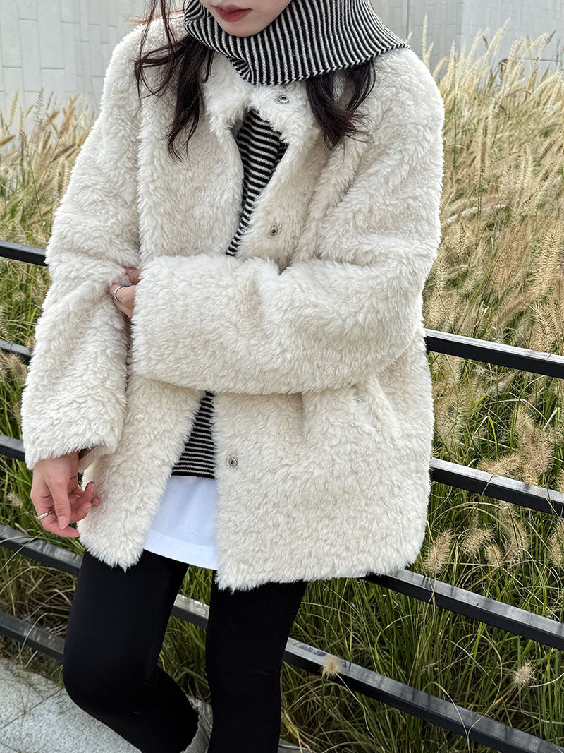 美拉德立領羊羔毛皮毛一體外套大衣-2色