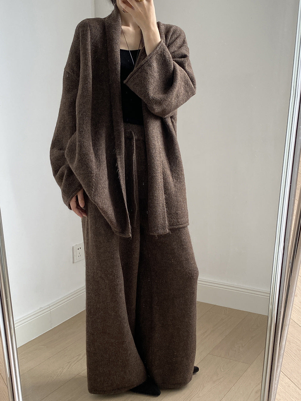 (48H出貨)高級慵懶風繫帶針織開衫+高腰闊腿褲-兩件式套裝-3色